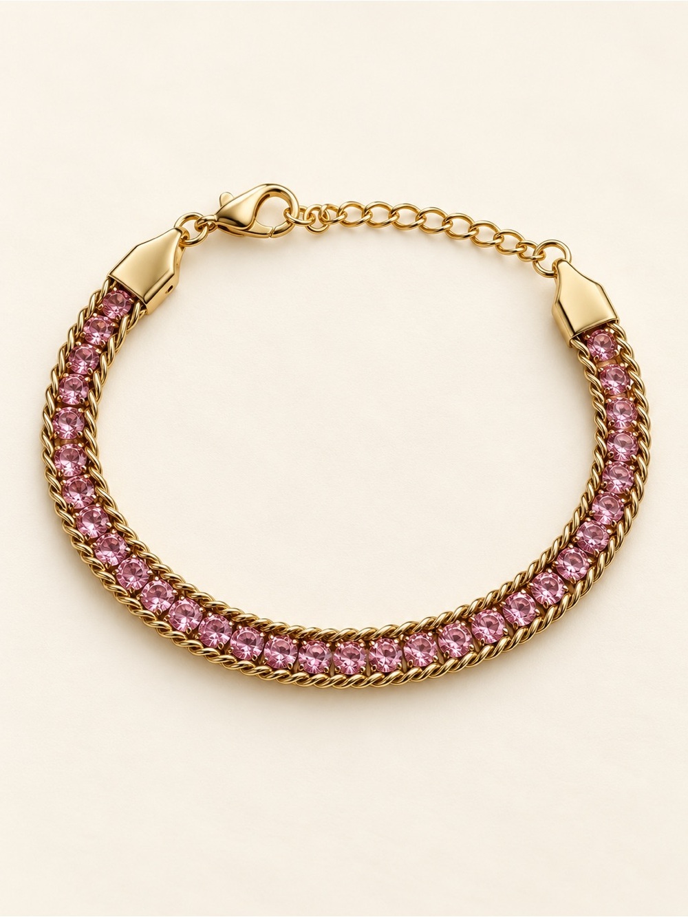 Gold-Plated Pink Crystal Chain Bracelet Adjustable